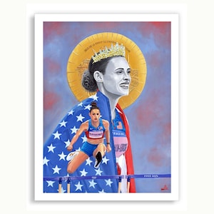 May include: A painting of a woman wearing a crown and a US flag draped over her shoulders. The woman is smiling and looking to the right. The flag is draped over her shoulders and a smaller image of a woman jumping over a hurdle is visible in the centre of the flag. The text "Paris 2024" is visible in the bottom right corner of the painting.
