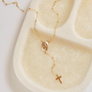 Rosary Style Lariat Cross Necklace • Dainty Cross Necklace 14k Gold Filled Jewelry