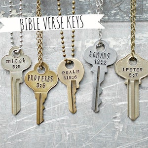 Bible Verse Key Necklaces, Custom Hand Stamped Vintage Giving Key Necklace, Scripture Personalized Gift