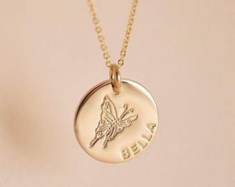Personalized Name Butterfly Stamp Pendant Necklace | Gold Filled & Sterling Silver Butterfly Name Necklace | Butterfly Jewelry