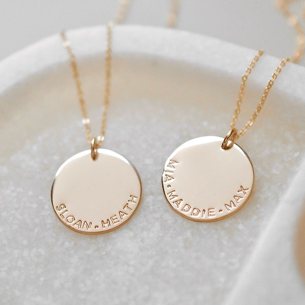 Large Coin Disc Pendant Necklace | Custom Name Hand Stamped Round Disc Necklace | 14K Gold Filled