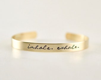 Inhale Exhale Mantra Stacking Cuff Bracelet, Cursive Font Adjustable Cuff Bracelet, Just Breathe Jewelry, Gift for Her