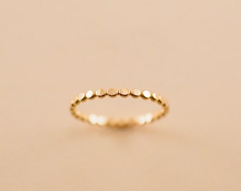 Gold Beaded Stack Ring, 14K Gold Filled Thin Hammered Stacking Ring