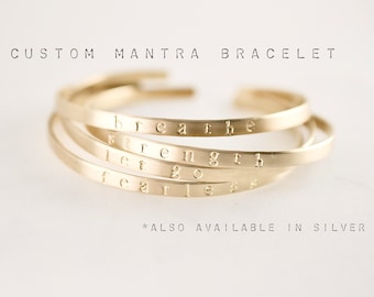 Custom Word Mantra Skinny Stacking Cuff Bracelet, Hand Stamped Cuff Bangle Bracelet, Mantra Band Cuff Bracelet