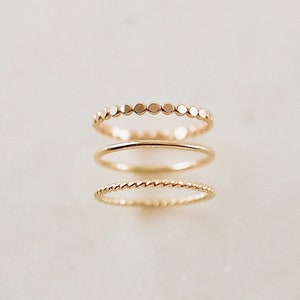Thin Gold Stacking Rings • Set of 3 Stackable Rings - Gold Filled or Sterling Silver - 1 Beaded, 1 Smooth, 1 Twist