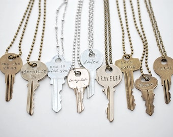 Custom Text Key Necklace, Vintage Hand Stamped Giving Key Necklace, Personalized Mantra Jewelry