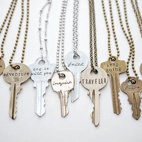 Custom Text Key Necklace, Vintage Hand Stamped Giving Key Necklace, Personalized Mantra Jewelry