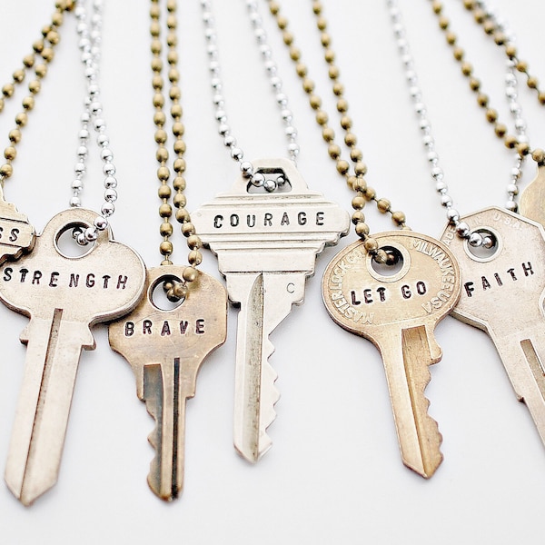 Custom Text Key Necklace, Personalized Vintage Key Jewelry, Hand Stamped Giving Key Necklace, One Little Word