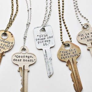 Custom Quote Vintage Key Necklace, Hand Stamped Giving Key Necklace, Customize Personalize Necklace, Mother’s Day Gift