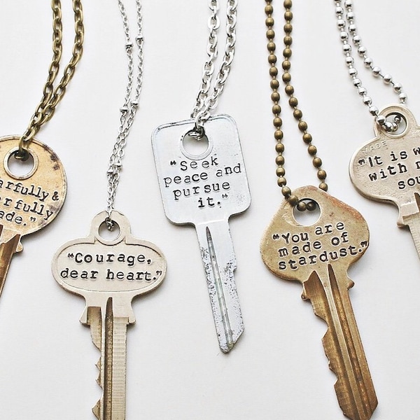 Custom Quote Vintage Key Necklace, Hand Stamped Giving Key Necklace, Customize Personalize Necklace, Mother’s Day Gift