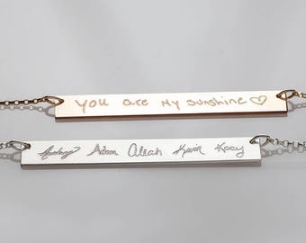 Engraved Handwriting Bar Necklace in Gold Rose Gold or Sterling, Handwriting Jewelry, Memorial Jewelry, Signature Handwriting Necklace