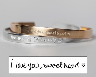 Engraved Actual Handwriting Cuff Bracelet,  Handwritten Memorial Jewelry in Brass, Copper, or Stainless Steel