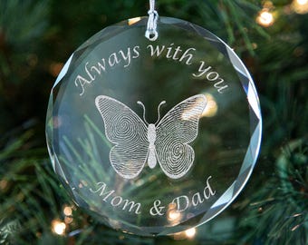 Personalized Butterfly Wing Fingerprint Ornament, 3-inch K9 Crystal Glass Christmas Decoration, Parents Thumbprint Memorial