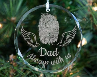 Personalized K9 Crystal Ornament, Engraved Fingerprint with Angel Wings, Thumbprint Memorial Gift (3 inch)