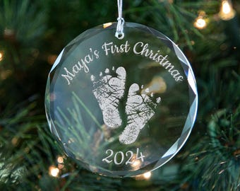 Custom Child's Handprint or Footprint Ornament, Personalized 3-inch K9 Crystal Decoration, Baby's First Christmas