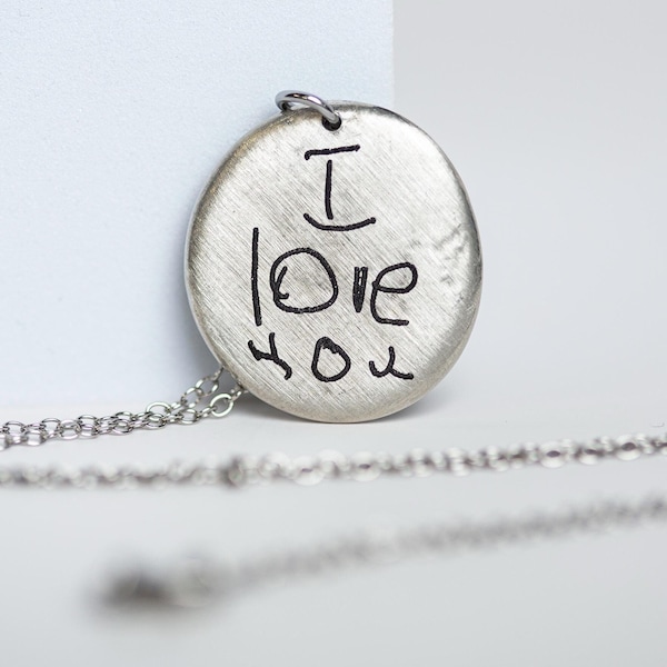 Personalized Handwriting Pendant Necklace, Engraved 1 Inch Pewter Memorial Coin with Chain, Sympathy Gift, Child's Handwriting or Drawing