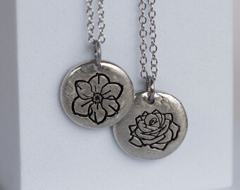 Birth Flower Necklace, 5/8 Inch Pewter Circle Pendant with Handstamped Floral Design, Birthday Mother's Day Gift for Her