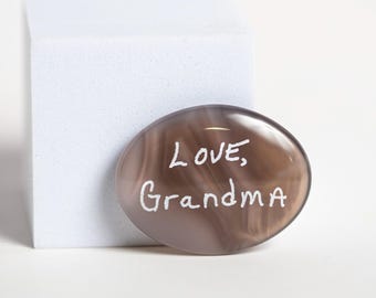 Personalized Natural Agate Worry Stone, Custom Handwriting Memorial Pocket Token (Oval or Heart)