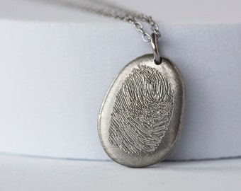 Personalized Fingerprint Pendant Necklace, Engraved 1 Inch Pewter Thumbprint Stone, Memorial or Sympathy Gift