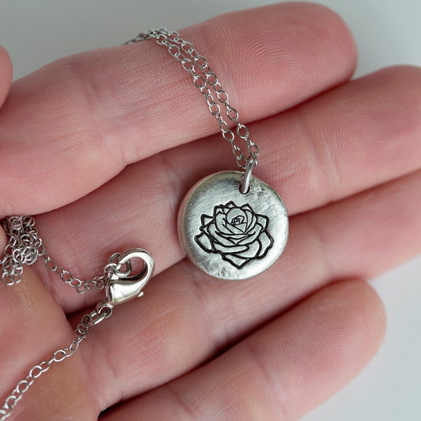 Birth Flower Necklace, 5/8 Inch Pewter Circle Pendant with Handstamped Floral Design, Birthday Mother's Day Gift for Her