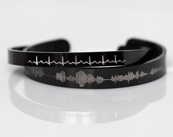 Custom Sound Wave Bracelet in Black Stainless Steel, Personalized Sound Wave Jewelry, Baby's Heartbeat, Black Cuff Bracelet