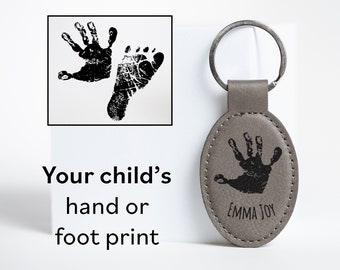 Personalized Handprint Keychain,  3 inch Vegan Leather Oval Keyring, New Parent Gift
