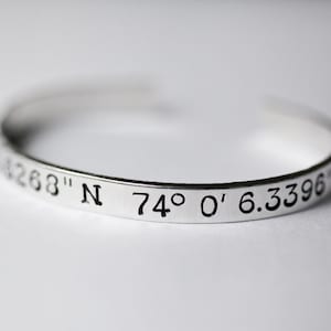 Custom Coordinates Bracelet in Aluminum Brass or Copper, Metal-Stamped Bracelet, Custom Coordinates Jewelry, Cuff Bracelet