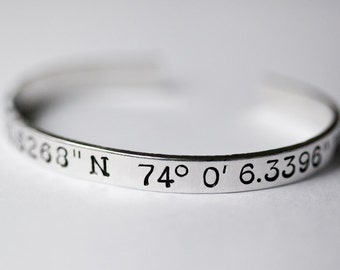 Custom Coordinates Bracelet in Aluminum Brass or Copper, Metal-Stamped Bracelet, Custom Coordinates Jewelry, Cuff Bracelet