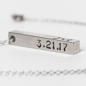 Custom 3D Bar Pendant Necklace, Pewter Stamped Pendant, Pewter Necklace, Custom Necklace, Coordinates Name Date Necklace Bild 1