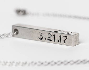 Custom 3D Bar Pendant Necklace, Pewter Stamped Pendant, Pewter Necklace, Custom Necklace, Coordinates Name Date Necklace