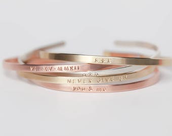 Personalized 1/8 inch Skinny Cuff Bracelet, Name Bracelet, Brass Copper Rose Gold Gold Sterling, Delicate Stacking Bracelet