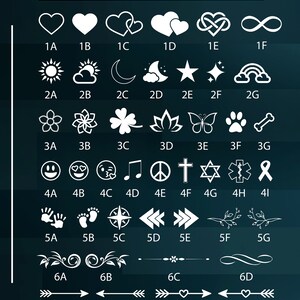 May include: A dark teal graphic with a white list of symbol choices for personalization. The symbols include hearts, stars, flowers, emojis, arrows, and more. Text at the top reads "symbol choices" and "include any desired symbol codes along with personalization text."