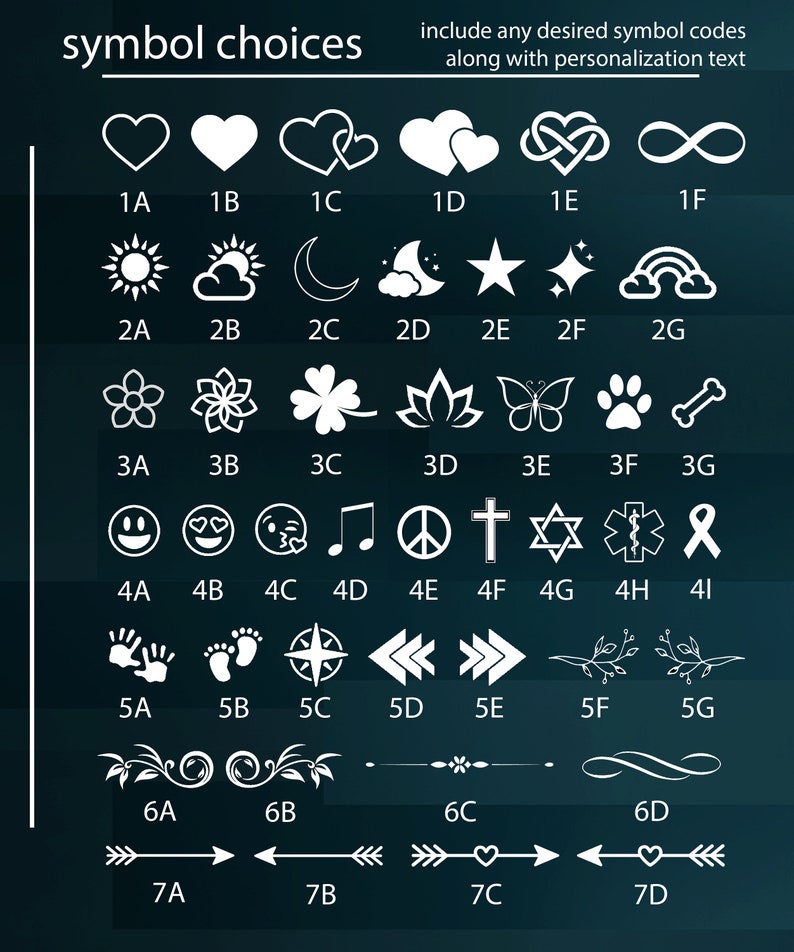May include: A dark teal graphic with a white list of symbol choices for personalization. The symbols include hearts, stars, flowers, emojis, arrows, and more. Text at the top reads "symbol choices" and "include any desired symbol codes along with personalization text."