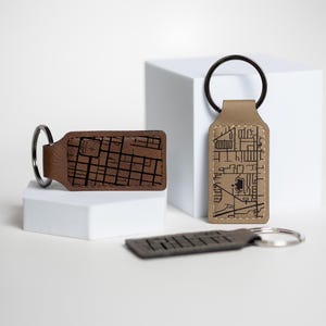 Personalized Map Keychain in Gray or Brown Leatherette, Vegan Leather Custom Location Keyring, Reminder of Home or Favorite City