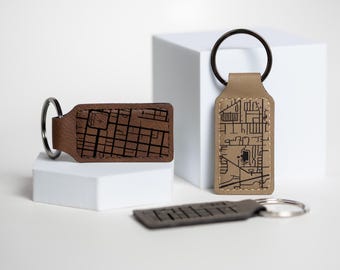 Personalized Map Keychain in Gray or Brown Leatherette, Vegan Leather Custom Location Keyring, Reminder of Home or Favorite City