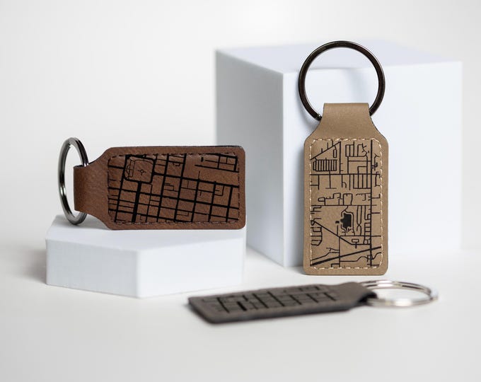 Personalized Map Keychain in Gray or Brown Leatherette, Vegan Leather Custom Location Keyring, Reminder of Home or Favorite City