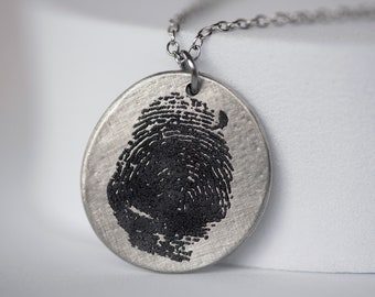 Personalized Fingerprint Pendant Necklace, Laser Engraved 1 Inch Pewter Thumbprint Coin, Memorial Gift