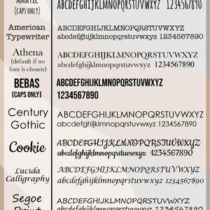May include: A beige graphic showcasing various font styles, including Amatic, American Typewriter, Athena, Bebas, Century Gothic, Cookie, Lucida Calligraphy, and Segoe Print. Each font displays the alphabet and numbers.
