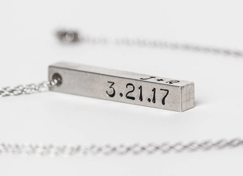 Custom 3D Bar Pendant Necklace, Pewter Stamped Pendant, Pewter Necklace, Custom Necklace, Coordinates Name Date Necklace Bild 1