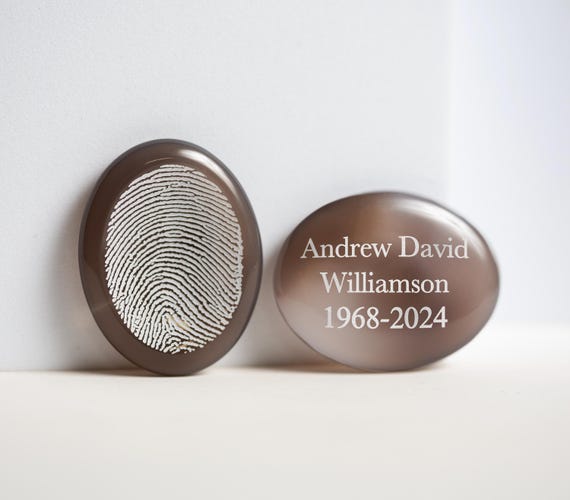 Natural Agate Fingerprint Worry Stone, Personalized Memorial Pocket Token, 1.75 Inch Custom Engraved Crystal Thumbprint
