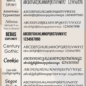 May include: A font selection chart displaying eight distinct typefaces including Amatic, American Typewriter, Athena, Bebas, Century Gothic, Cookie, Lucida Calligraphy, and Segoe Print, each showing the full alphabet and numbers 1 through 0.