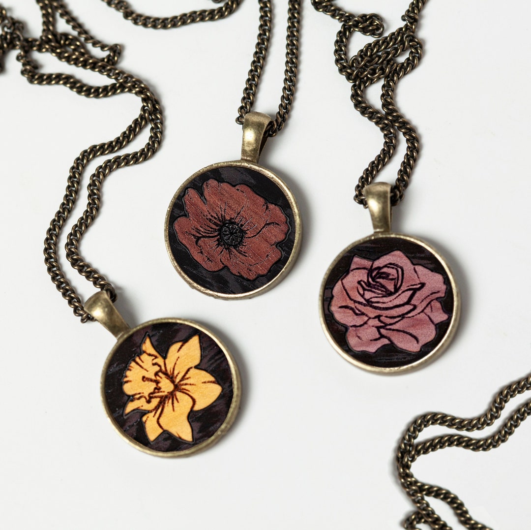 Birth Flower Pendant Necklace Wood Inlay in Bronze Setting Etsy