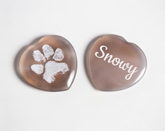 Custom Agate Pawprint Worry Stone, 1.5 Inch Heart-Shaped Memorial Pocket Token Engraved with your Pet's Actual Paw Print