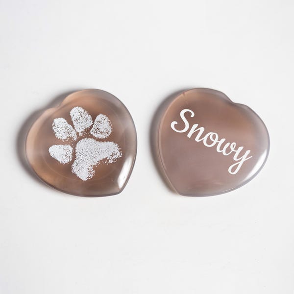 Custom Agate Pawprint Worry Stone, 1.5 Inch Heart-Shaped Memorial Pocket Token Engraved with your Pet's Actual Paw Print