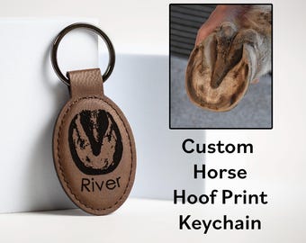 Personalized Horse Hoof Print Keychain, Oval Vegan Leather Keyring, Memorial Equestrian Gift