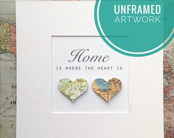 Home is where the heart is, map heart unframed artwork. Two world map printed paper hearts, long distance family and friends gift.