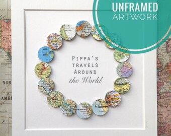 Personalised world travel map custom artwork gift with 16 map circles, unframed artwork. With your choice of personalised text.