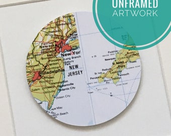 Circle map artwork TWO locations, half and half, where we are from artwork. OS and world map locations, custom made for you. Unframed art.