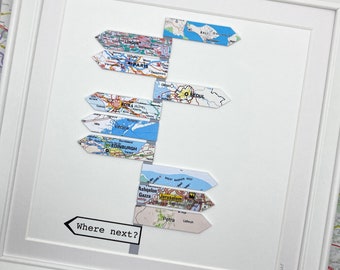 World travel memories map signpost artwork, custom made with any worldwide map locations. Framed and personalised for you. Up to 10 signs.