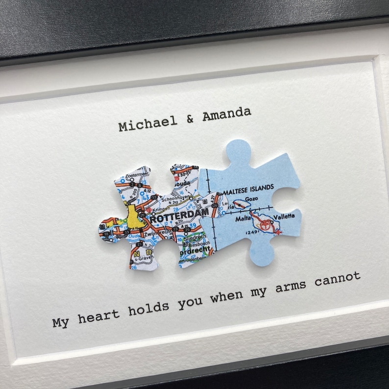 Framed TWO map jigsaw puzzle piece paper artwork. Long distance relationship gift for boyfriend or girlfriend. Gift for travel lover. image 5